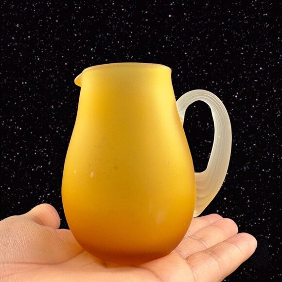 Hand Blown Art Glass Pitcher Creamer Amber Yellow Frosted W Clear Swirl Handle - Picture 2 of 12